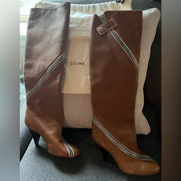 Celine wrap around zipper high knee boots. Brown tan. - Picture 3 of 4